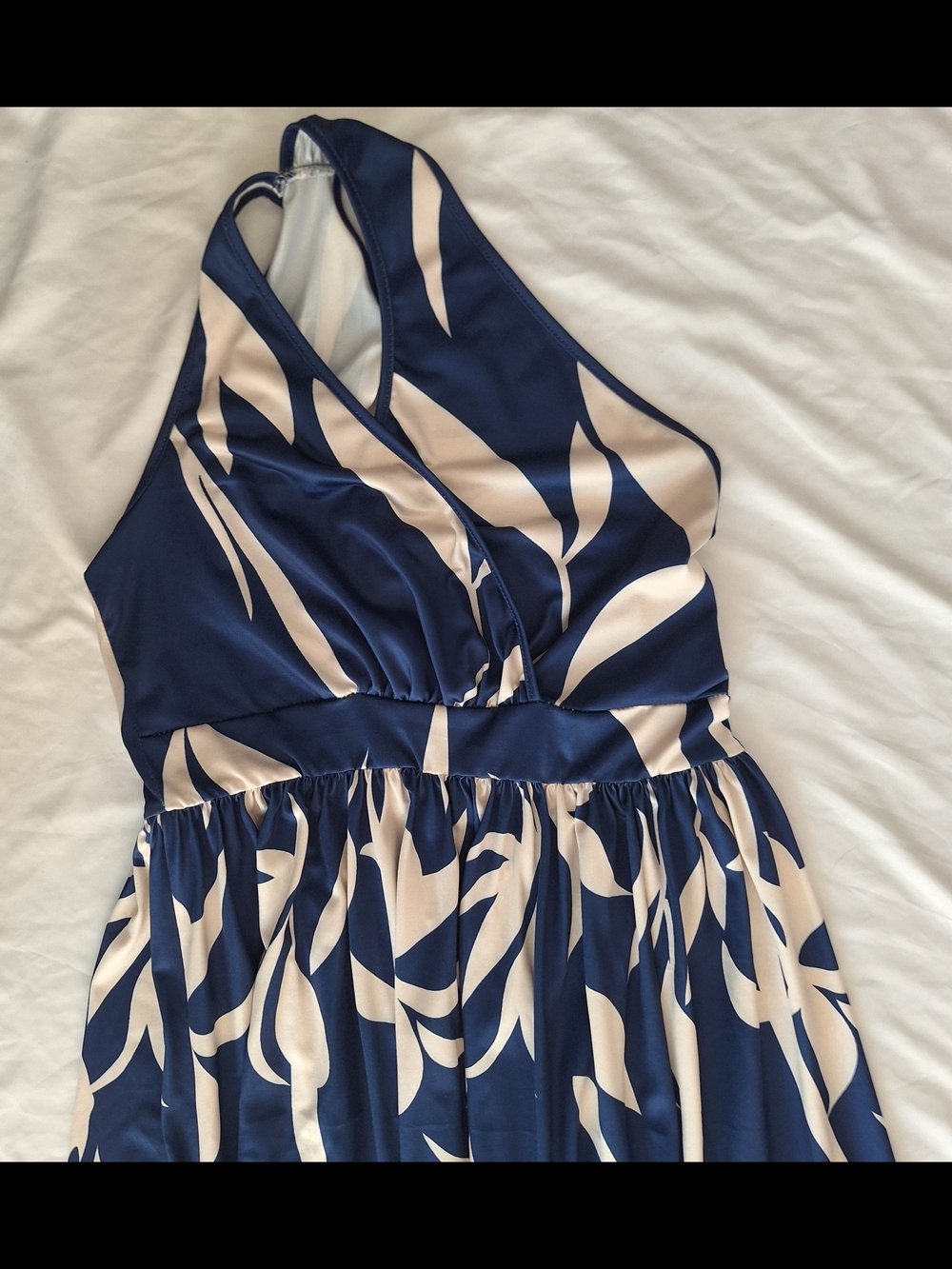 Shein One Shoulder Oblique Neck Floral Print Slit Helm Long Dress Navy &Cream L - Picture 5 of 11